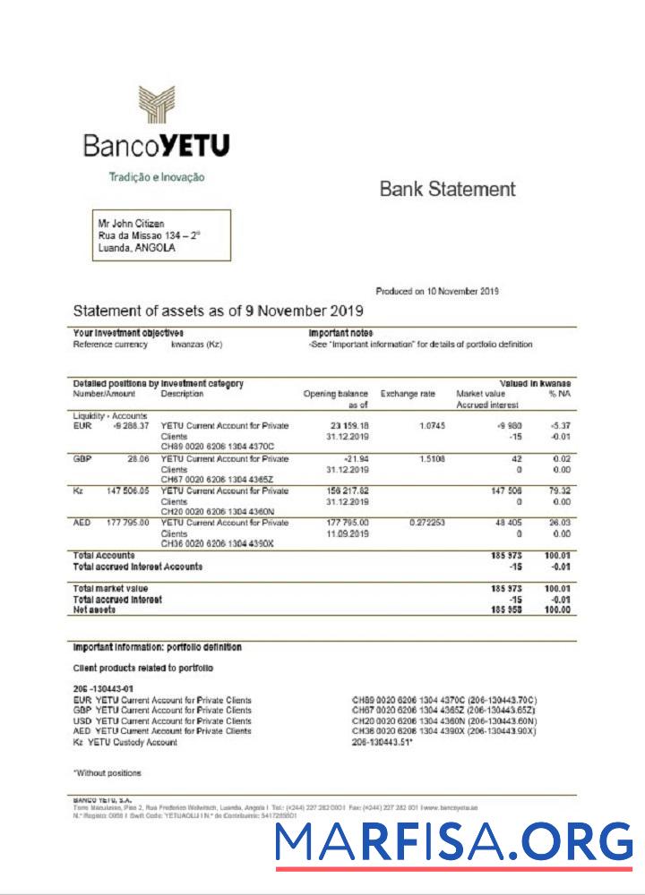 Printable Angola Banco Yetu bank statement download for verification
